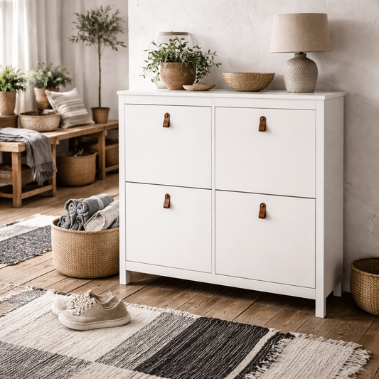 Wildberry Matt White Wooden Shoe Cabinet 4 Flip Down Doors Leather Handles