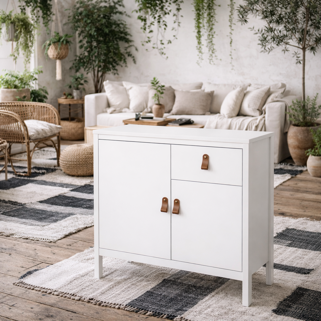 Wildberry Matt White Wooden Sideboard 2 Doors 1 Drawer Leather Handles