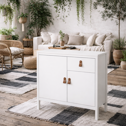 Wildberry Matt White Wooden Sideboard 2 Doors 1 Drawer Leather Handles