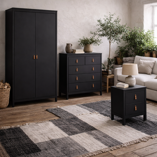 Wildberry 3 Piece Matt Black Bedroom Furniture Set Leather Handles