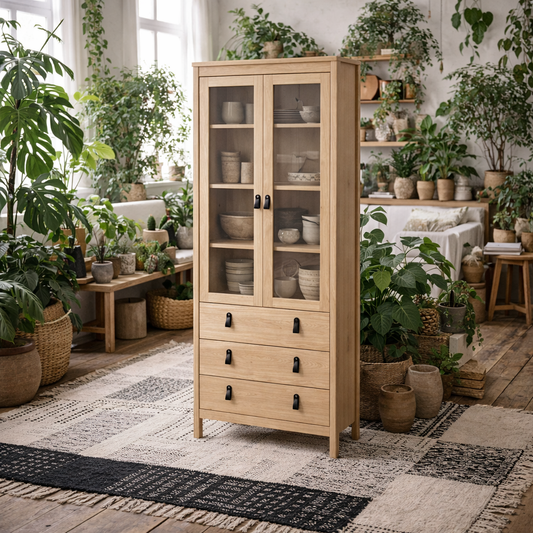 Wildberry Natural Oak Wood Glass China Cabinet 2 Doors 3 Drawers