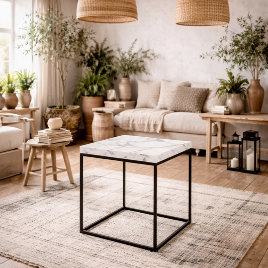 Hazelmere White Marble Carrara Coffee Table Black Metal Legs