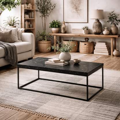 Hazelmere Black Marble Marquina Coffee Table Black Metal Legs