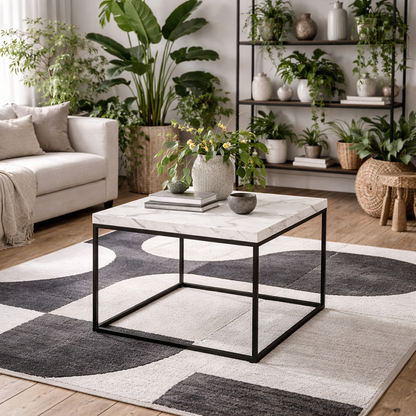 Hazelmere White Marble Carrara Coffee Table Black Metal Legs