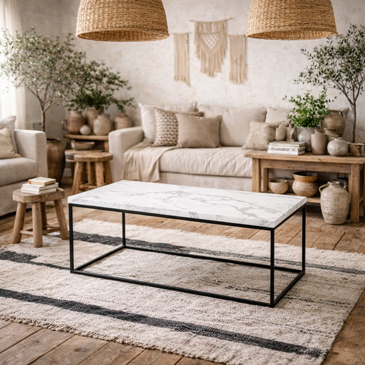 Hazelmere White Marble Carrara Coffee Table Black Metal Legs