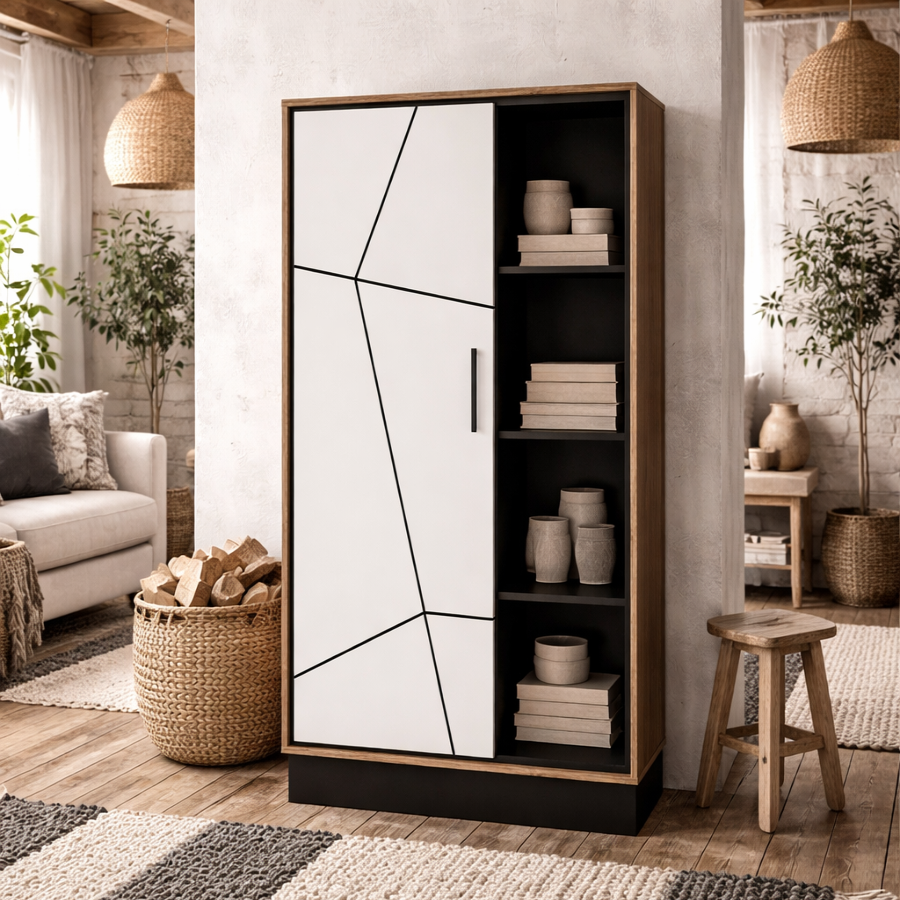 Dabbleton Walnut and White Wooden 1 Door Bookcase 4 Shelves Geometric Design