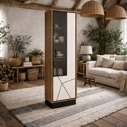 Dabbleton Tall Display Walnut and White Cabinet Right Hand Geometric Design