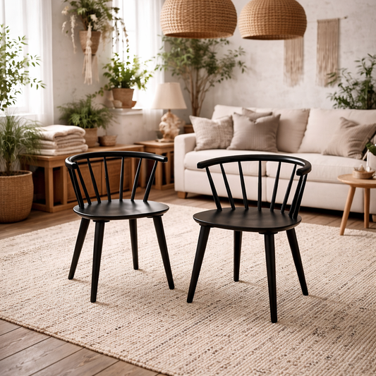 Set of 2 Black Wooden Dining Chairs Modern Slatted Back