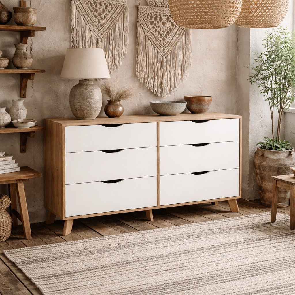 Lira Jackson Hickory Oak Wood and White 6 Drawers Double Dresser