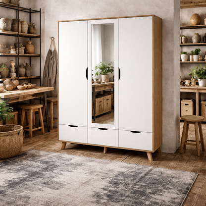 Lira Jackson Hickory Oak Wood and White Wardrobe 3 Doors  2 Drawers with Mirror