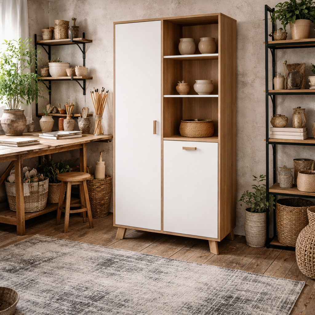 Lira Jackson Hickory Oak Wood and White China Cabinet 2 Doors