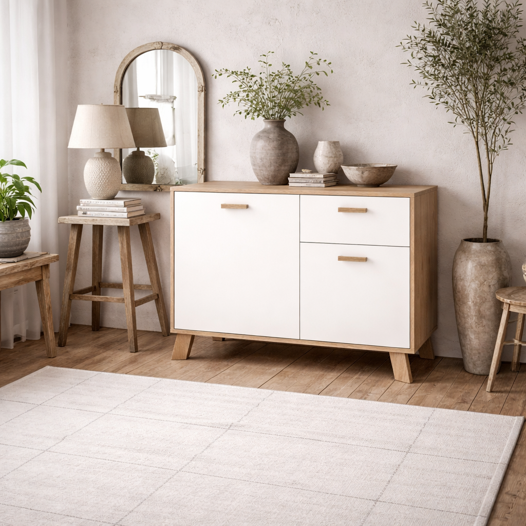 Hobro White and Natural Oak Wood Sideboard 2 Doors 1 Drawer