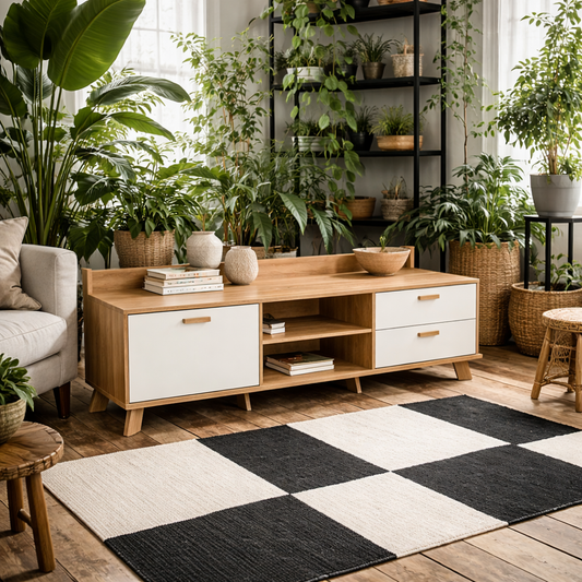 Hobro White and Natural Oak Wood TV Unit with 1 Door 2 Drawers