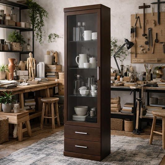 Sonderborg Dark Mahogany Tall 1 Glass Door 2 Drawer Narrow Cabinet