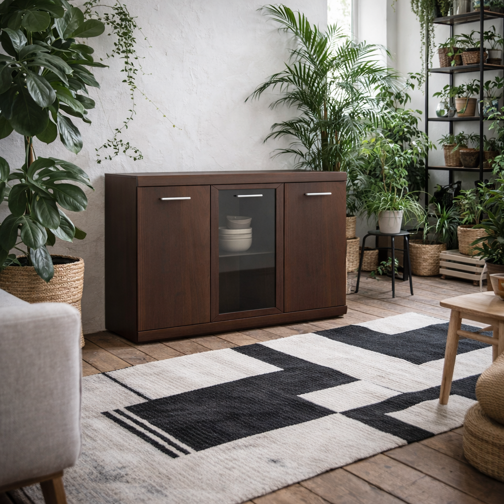 Sonderborg Wide Dark Mahogany Wood Veneer Sideboard 3 Drawers