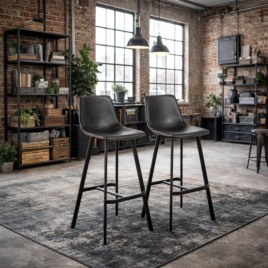 Set of 2 Bogense Black Faux Leather Bar Stools Cream Stitching