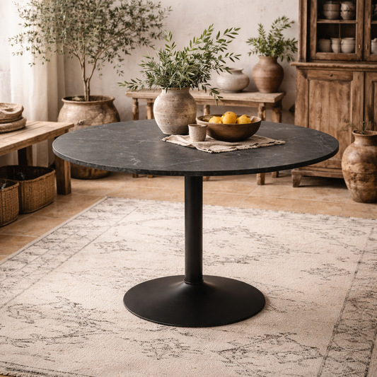 Aars Round Black Marble Effect Dining Table Trumpet Base