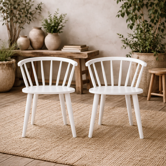 Set of 2 White Wooden Dining Chairs Modern Slatted Back