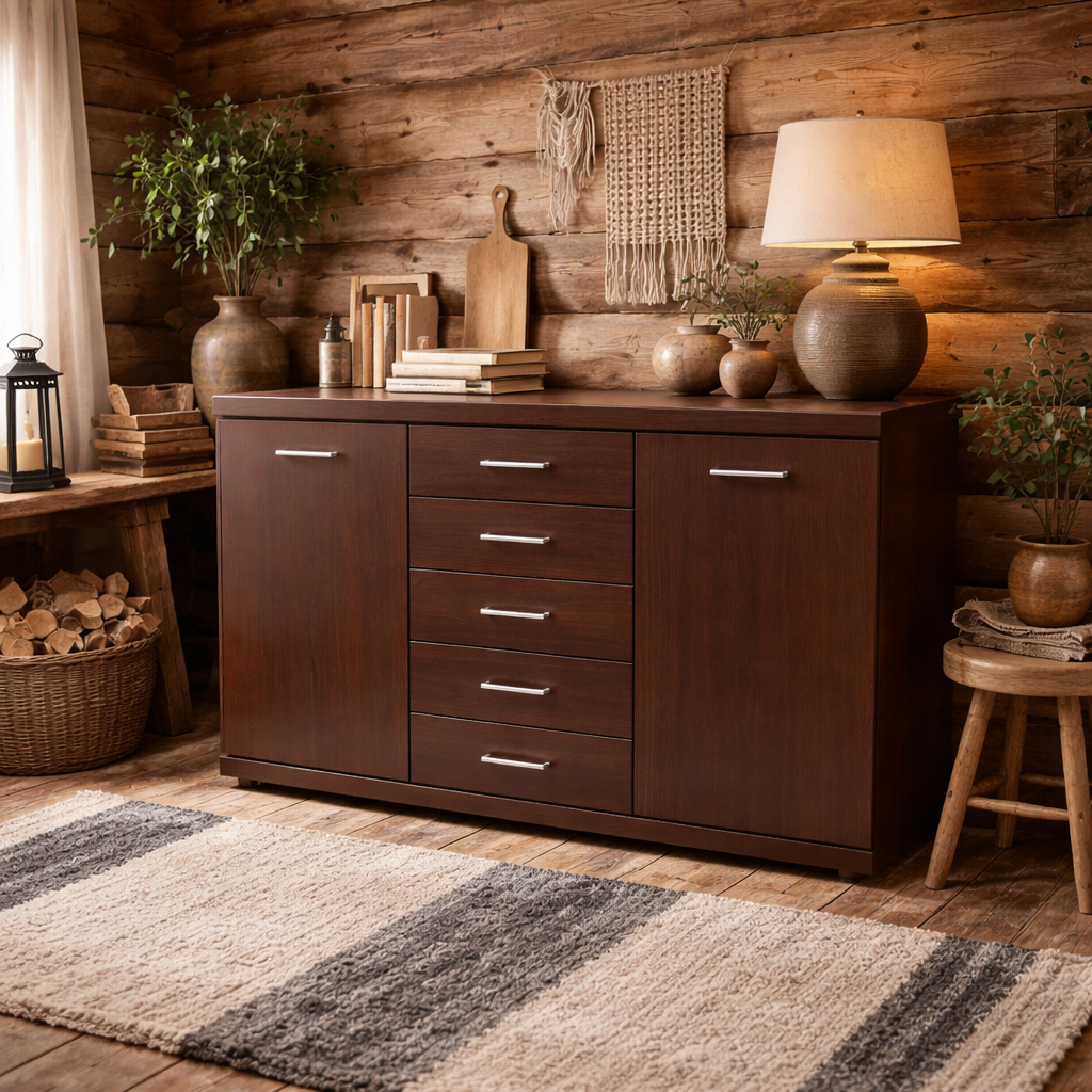 Sonderborg Wide Dark Mahogany Wood Veneer Sideboard 2 Doors 5 Drawers