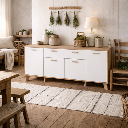 Hobro White and Natural Oak Wood Sideboard 4 Doors 1 Drawer