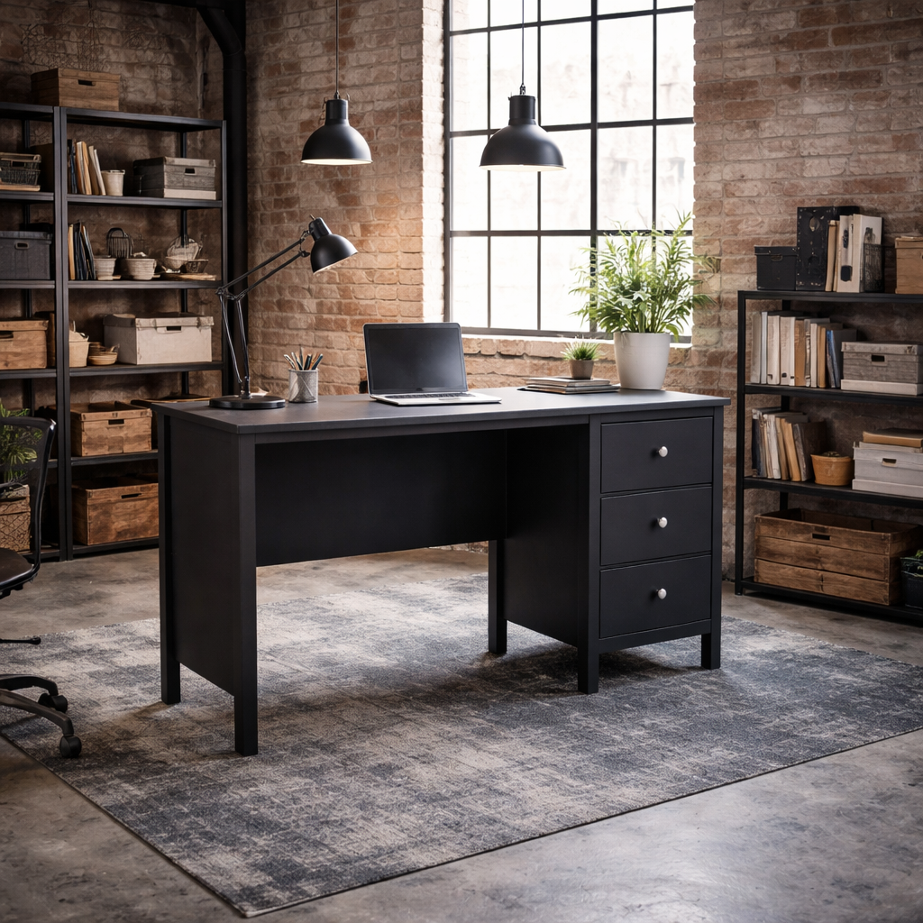 Gossmere Matt Black Office Desk 3 Drawers