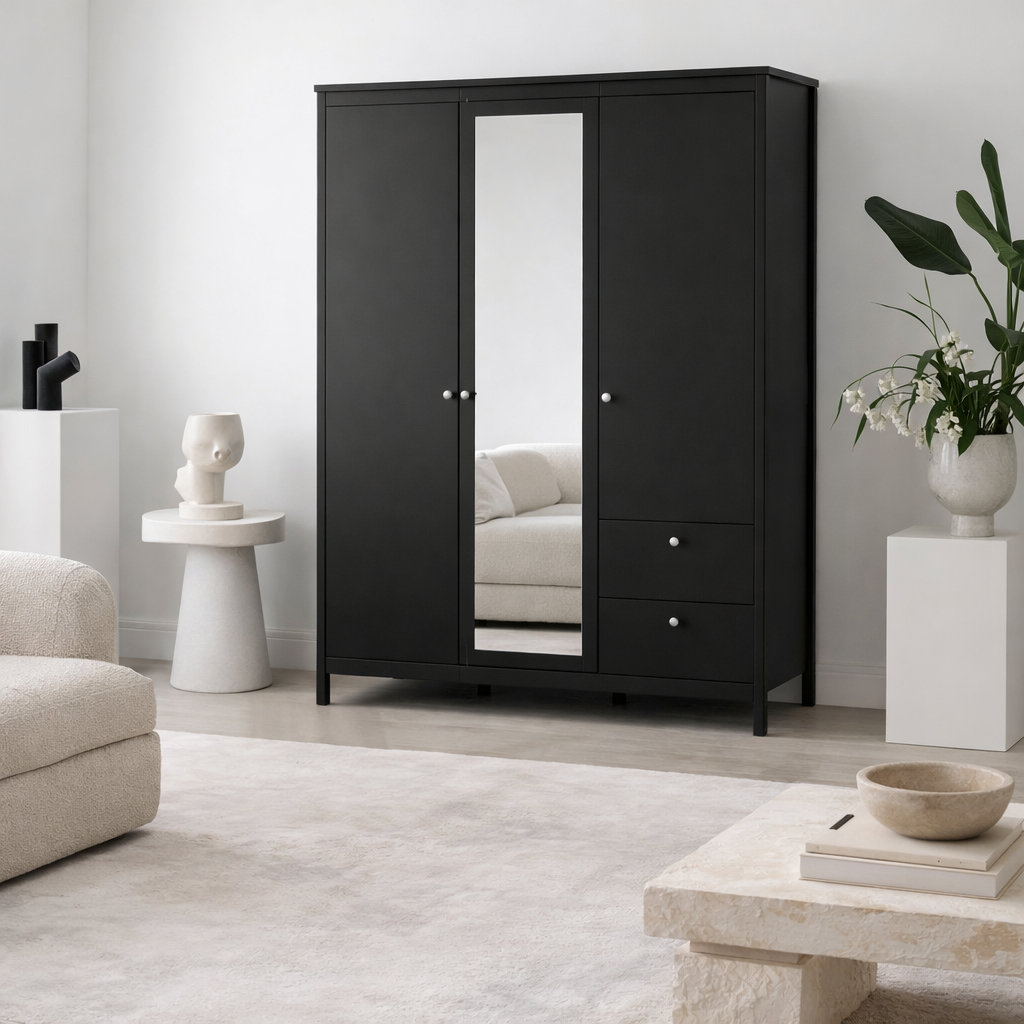 Gossmere Matt Black Wardrobe 3 Doors 2 Drawers