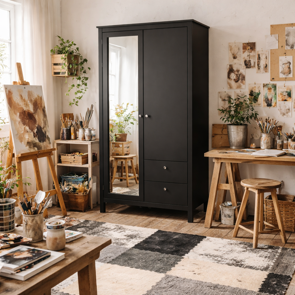 Gossmere Matt Black Wardrobe 2 Doors 2 Drawers