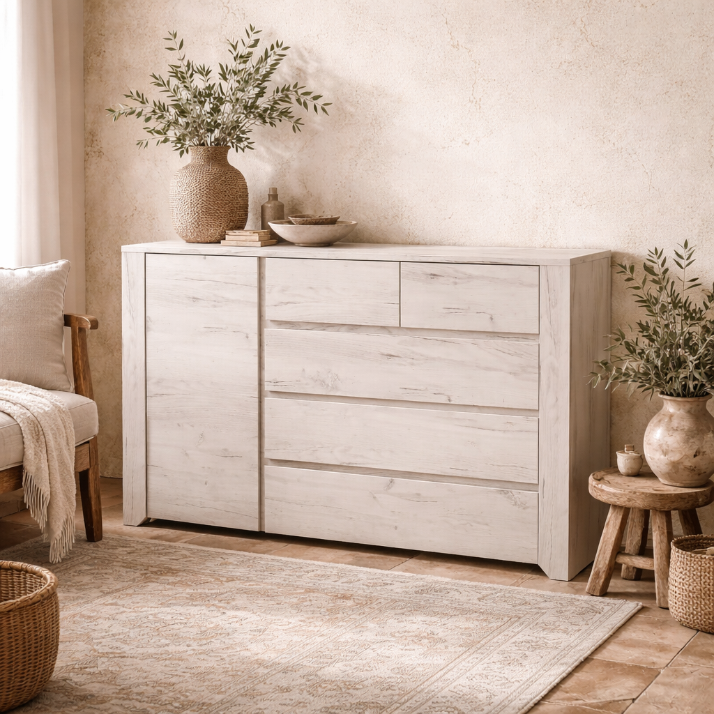 Norwich Aged Effect Soft Grey Wood Veneer 1 Door 2+3 Drawer Storage Chest