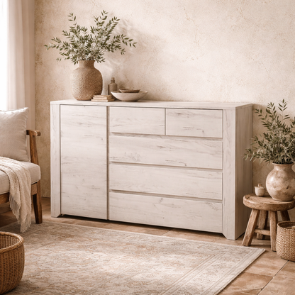 Norwich Aged Effect Soft Grey Wood Veneer 1 Door 2+3 Drawer Storage Chest