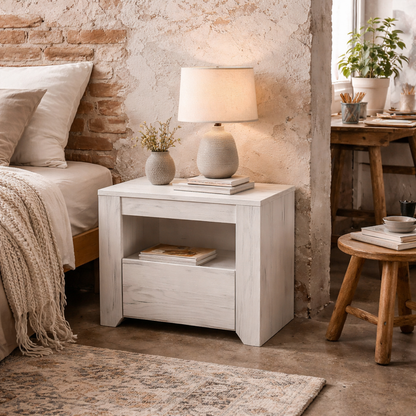 Norwich Aged Effect Soft Grey Wood Veneer Bedside Cabinet 1 Drawer