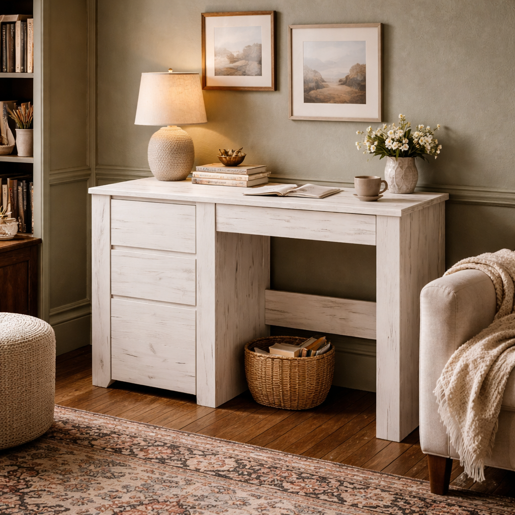 Norwich Aged Effect Soft Grey Wood Veneer 3 Drawer Desk