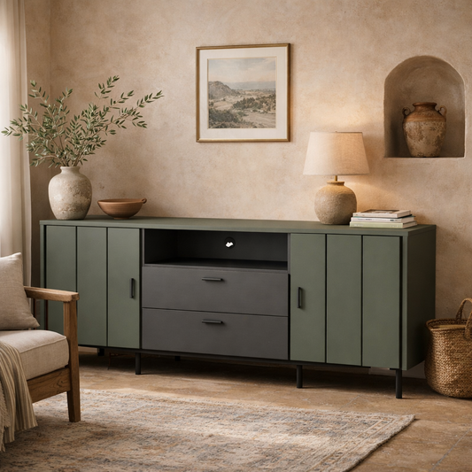 Elowynd 173cm Olive Green and Grey Panelled TV Cabinet 2 Door 2 Drawer