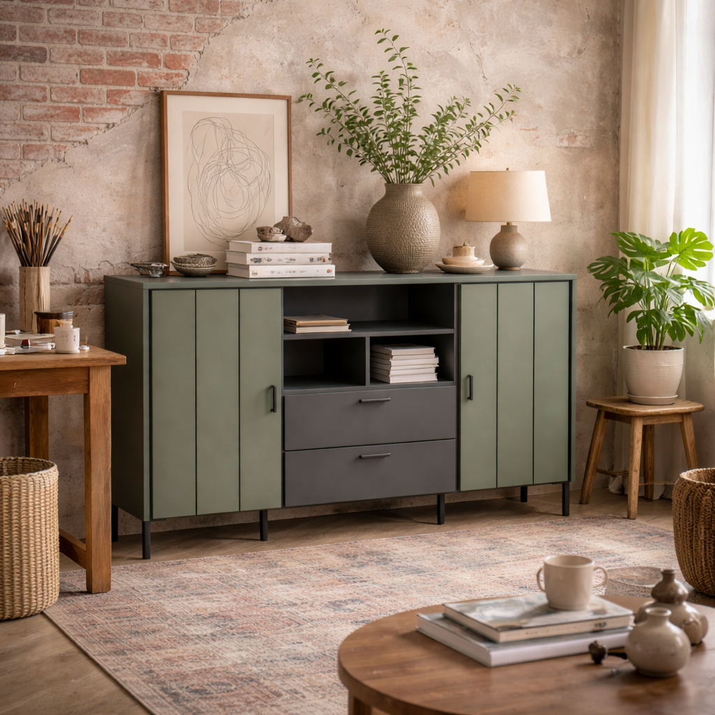 Elowynd Olive Green and Grey Panelled Sideboard 2 Doors 2 Drawers 3 Shelves