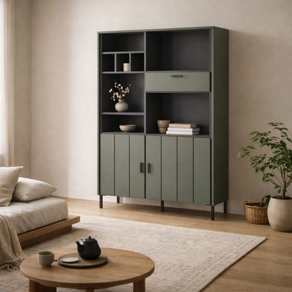 Elowynd Olive Green Panelled Bookcase 2 Door 1 Drawer 9 Shelves