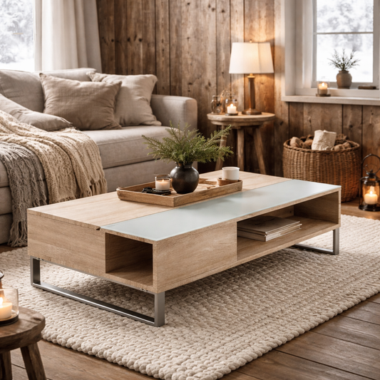 Salford  Natural Oak Wood and Glass Rectangular Lift Up Coffee Table