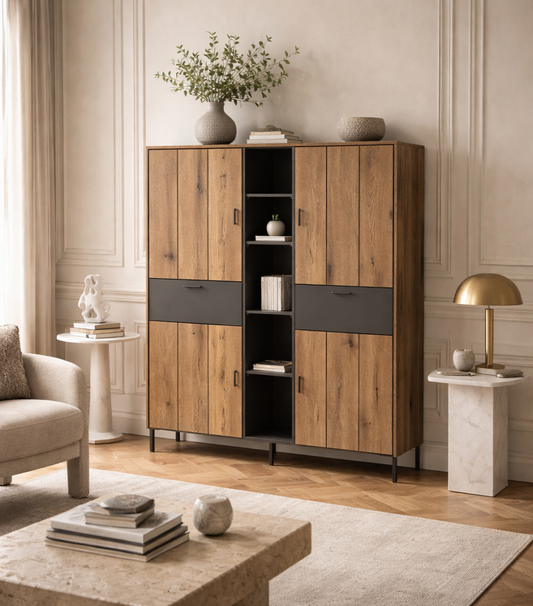 Nightbloom Grey and Oak Effect Wood Wardrobe 4 Door 2 Drawer 4 Shelves