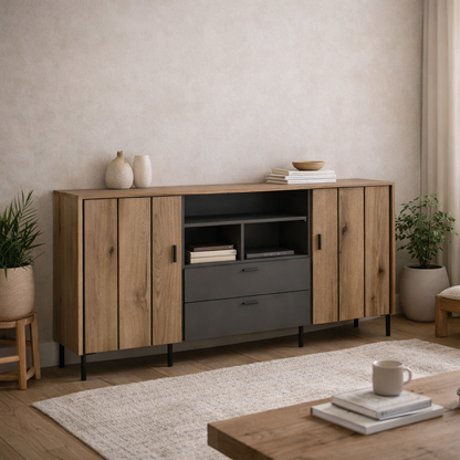 Nightbloom Grey and Oak Wood Effect Panelled Sideboard 2 Door 2 Drawer