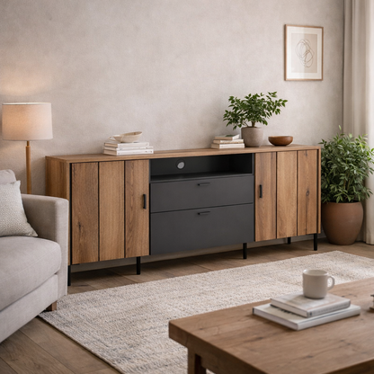 Nightbloom 158cm Grey and Oak Wood Effect Panelled TV Cabinet 2 Door 2 Drawer