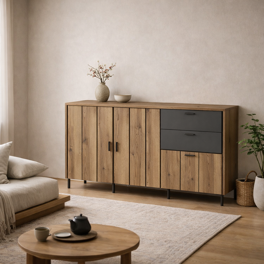 Nightbloom Grey and Oak Wood Effect Panelled Sideboard 3 Door  2 Drawer
