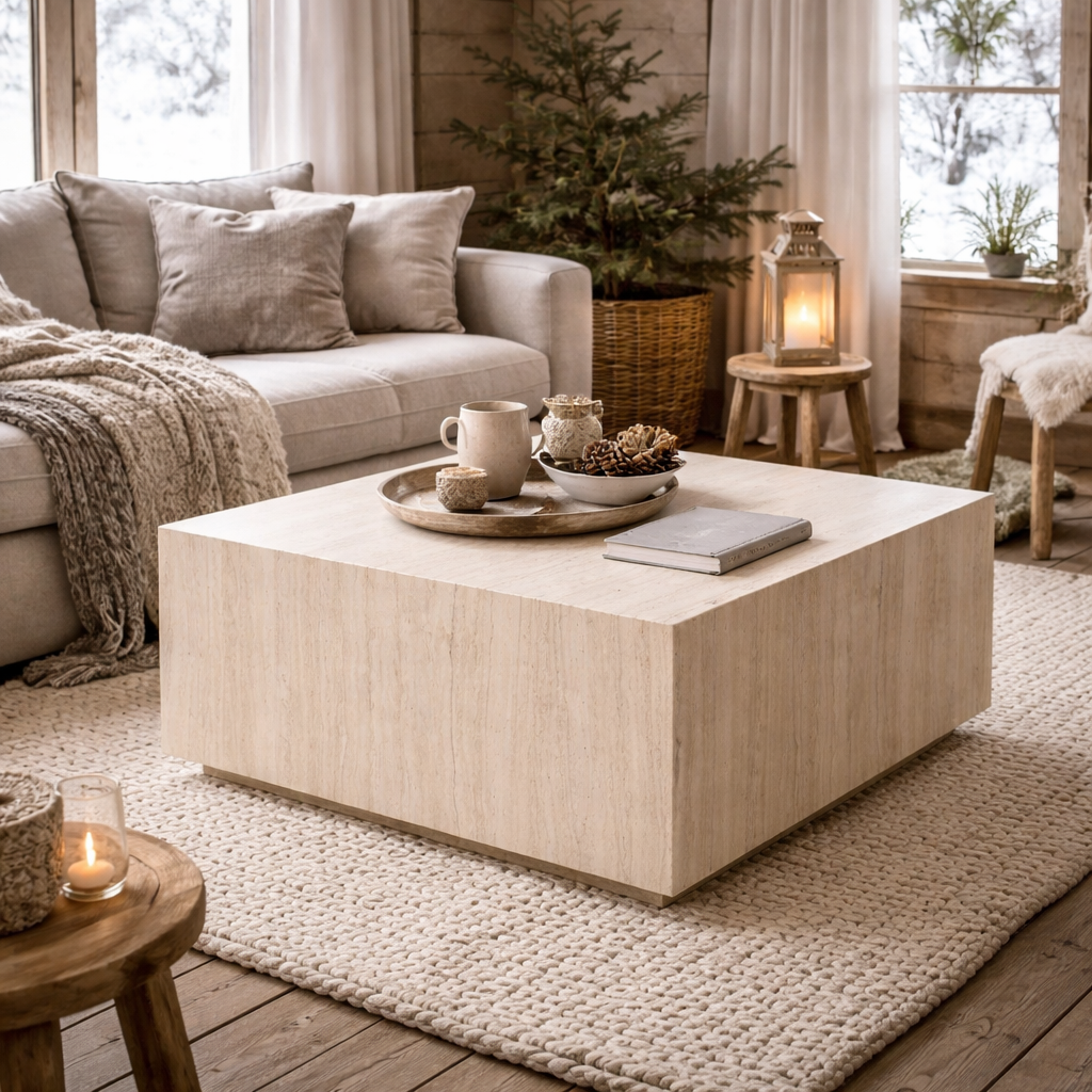 Munkebo Light Travertine Marble Square Coffee Table