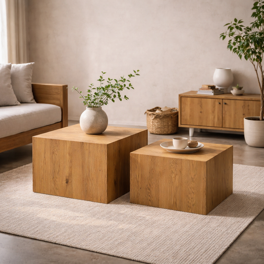 Set of 2 Munkebo Natural Oak Wood Square Coffee Table Set