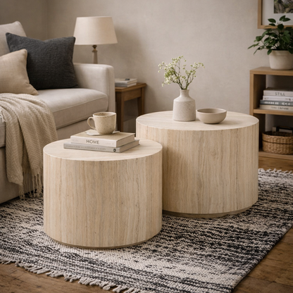 Set of 2 Munkebo Light Travertine Marble Round Coffee Tables