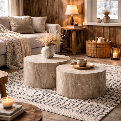 Set of 2 Munkebo Grey Marble Round Coffee Tables