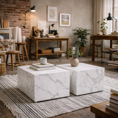 Set of 2 Munkebo White Marble Carrara Square Coffee Tables