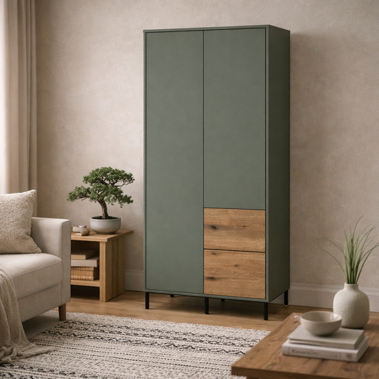 Malmo Olive Green and Natural Oak Wood Wardrobe 2 Door 2 Drawer