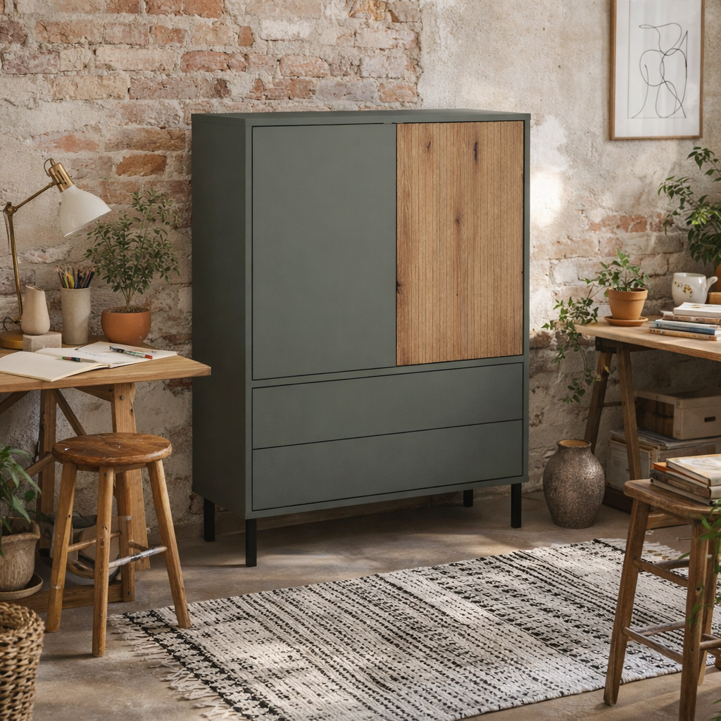 Malmo Olive Green and Natural Oak Wood Sideboard 2 Door 2 Drawer