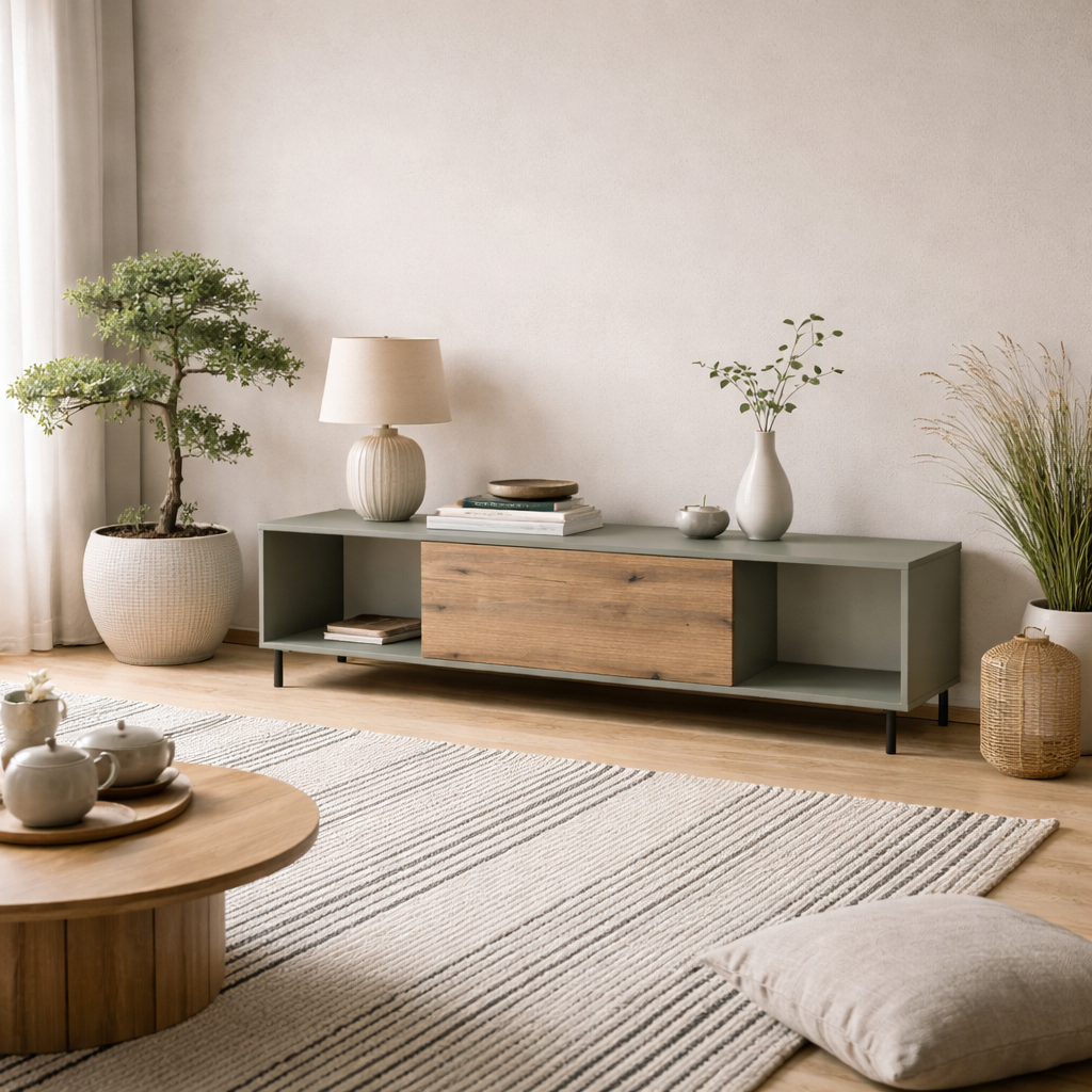 Spentrup Green Olive and Natural Oak Wood TV Cabinet 1 Door