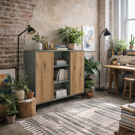 Spentrup Green Olive and Natural Oak Wood Sideboard 2 Doors