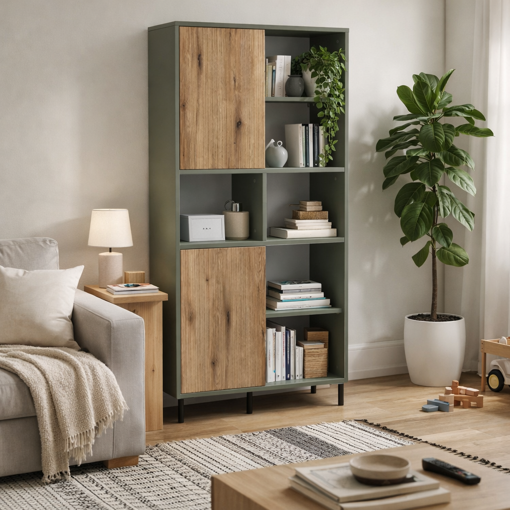 Spentrup Green Olive and Natural Oak Wood Bookcase 2 Door