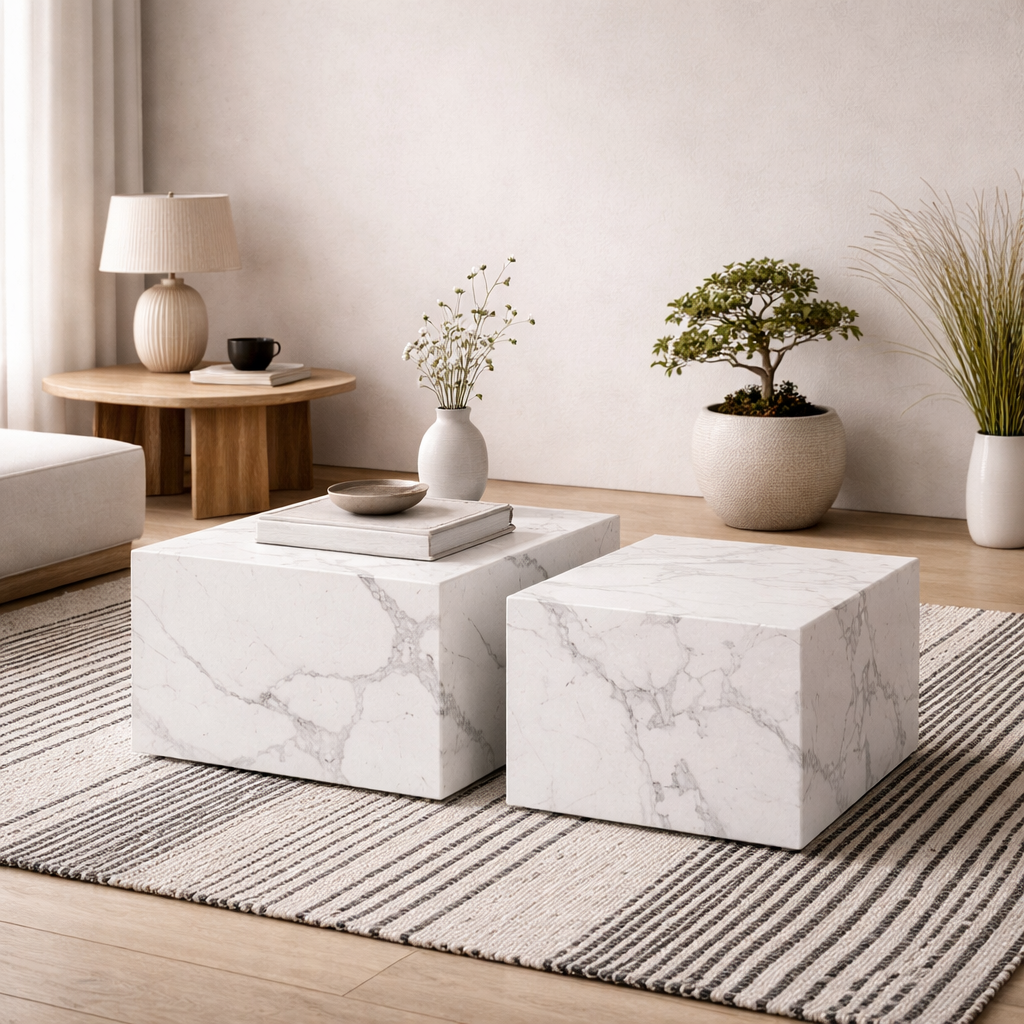 Set of 2 Munkebo White Marble Carrara Square Coffee Tables